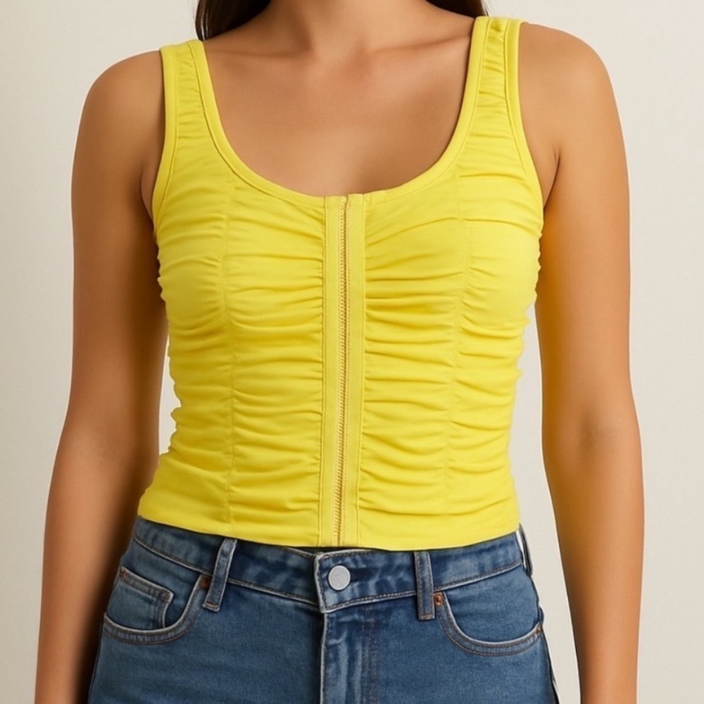 Shinestar Womens Y2K Tank Top Ruched Hook & Eye Small Yellow Corset Style Mesh